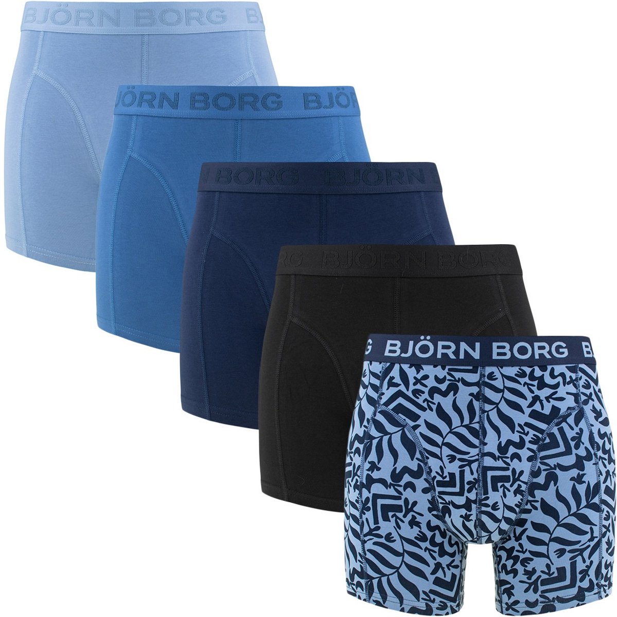 Björn Borg heren cotton stretch 5P boxers basic leafs blauw & zwart