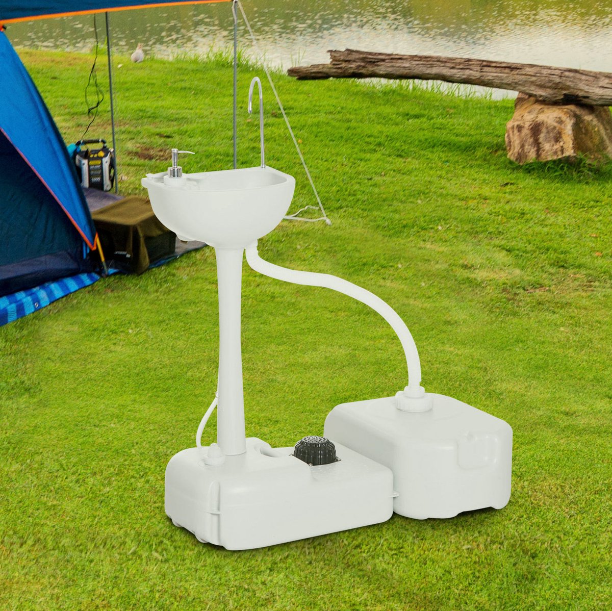 REDOM - Camping wasbak - Voetpomp - Afvalwatertank - Inclusief zeepdispenser en handdoekhouder - Voor camping en buitengebruik - HDPE - Lichtgrijs - 83 x 50 x 103 cm