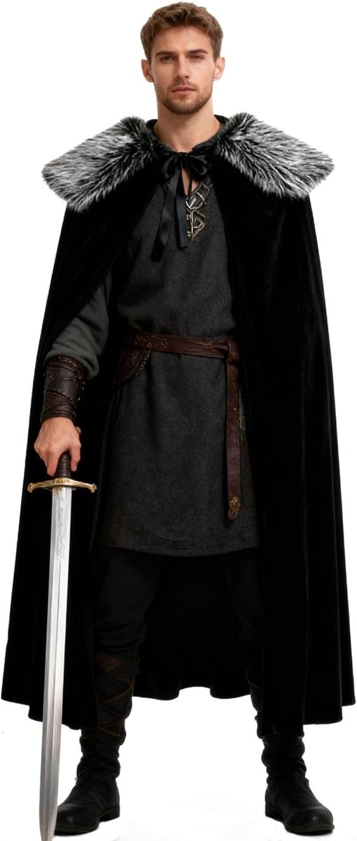Zwarte fluwelen cape met afneembare Viking bontkraag, middeleeuwse capes voor kostuums en evenementen