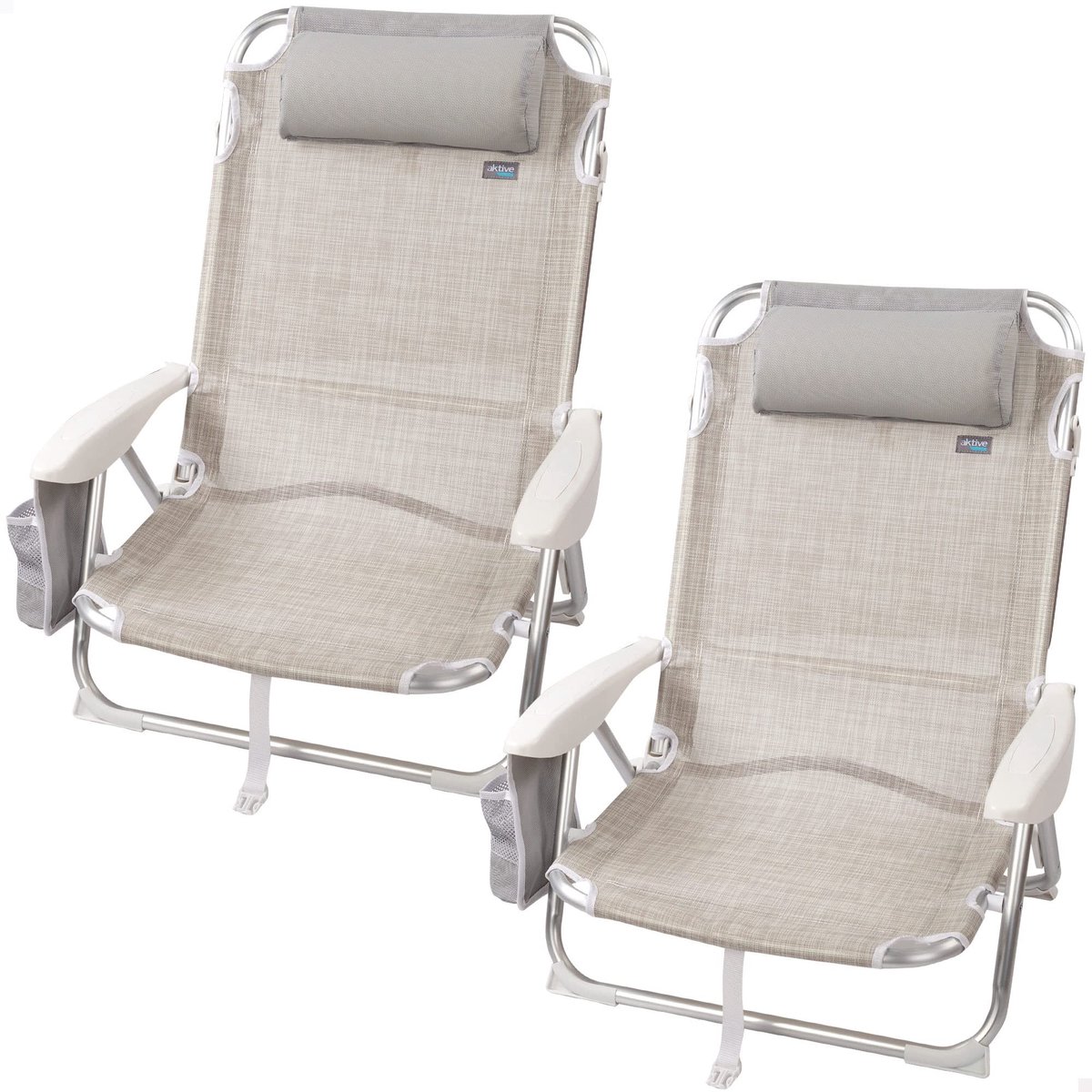 AKTIVE Ibiza X2 62262 Set van 2 klapstoelen, verschillende posities, voor strand, tuin, terras of camping, beige - ShopVlot