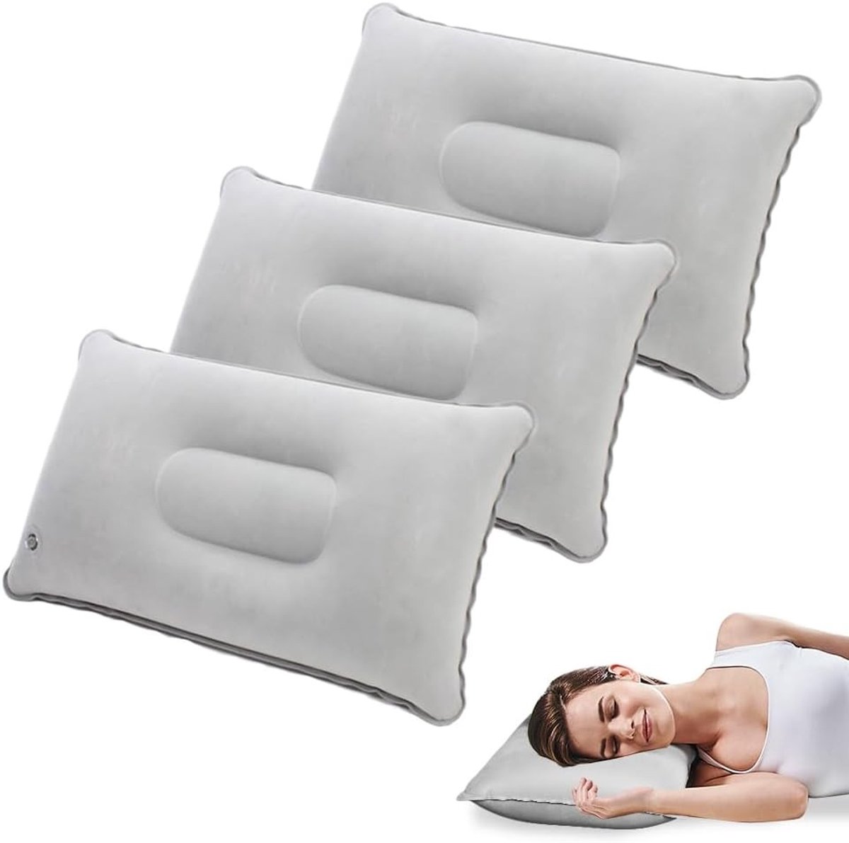 Opblaasbaar Kussen - Grijs - 43 x 27 cm - Ergonomisch Comfortabel Reiskussen - Voor Camping en Reizen