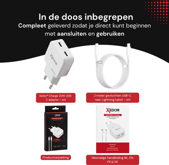Xedor 20W USB-C adapter en 2m gevlochten USB-C naar Lightning kabel, wit.