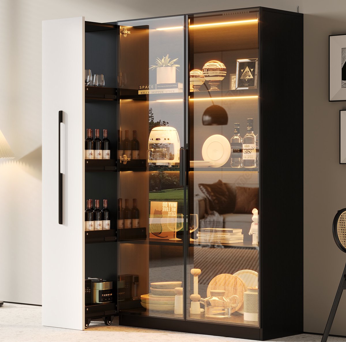 Wishdor Vitrinekast met LED - Glazen deuren en zij-uitrol - Modern design - Zwart met wit - 110,5 x 35 x 160 cm