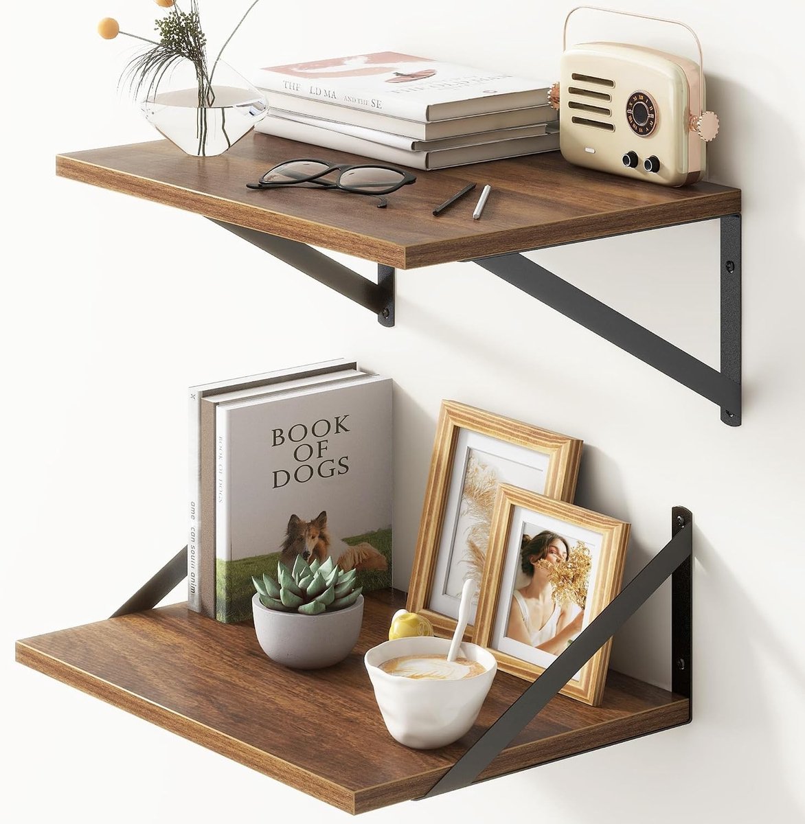 Zwevende Planken - Walnoot - 40,6 x 30,5 cm - Houten Planken met Brede Displayranden - Voor Decoratie en Opslag