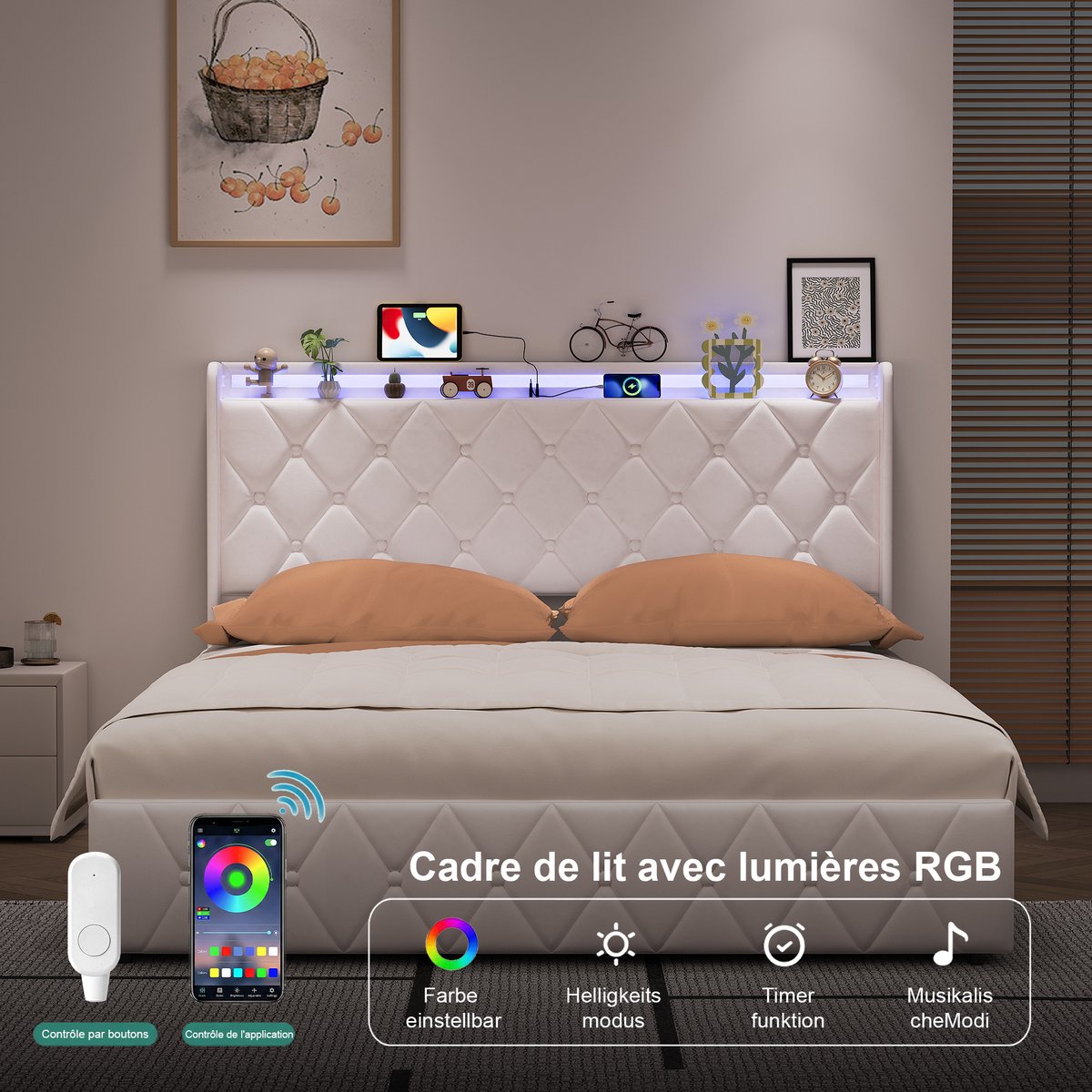 Tweepersoonsbed 160 x 200 cm met opbergruimte, gestoffeerd bed met LED-verlichting, USB-oplaadfunctie en opbergbedframe Fluweel, zonder matras, Beige