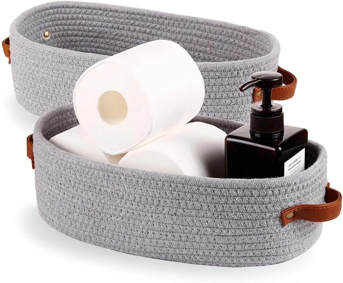 Gevlochten katoenen opbergmand 33 x 15 x 10 cm, multifunctioneel voor badkamer, slaapkamer en woonkamer, grijs