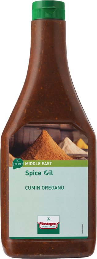 Fles kruidenolie, "pure MIDDLE EAST" met kruiden van komijn en oregano. Groene dop.