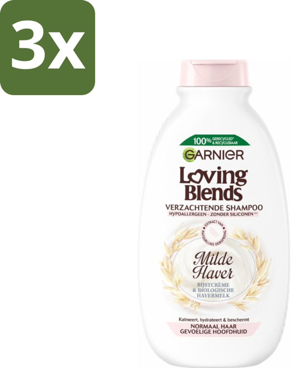 3 x Garnier Loving Blends Milde Haver Shampoo 300 ml - Milde Haver Shampoo - Hypoallergene Shampoo - Gevoelige Hoofdhuid - Kalmerende Shampoo - Hydraterende Shampoo