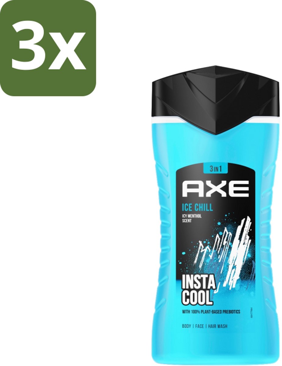 3 x Axe - 3-in-1 Douchegel - Ice Chill - Icy Menthol - Insta Cool - 100% Plantaardig - 150 ml - 3-in-1 Douchegel - Douchegel Menthol - Douchegel Bevroren Munt - Douchegel Voor Gezicht En Haar - Douchegel 12 Uur Geur