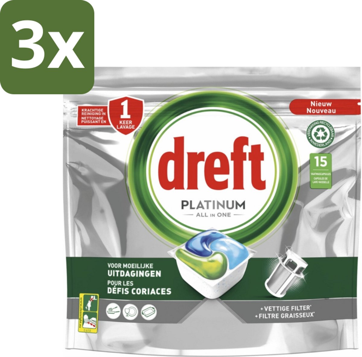 3 x Dreft - Platinum All In One - Vaatwascapsules - Voor Moeilijke Uitdagingen - 15 Capsules - Vaatwasmachine Reiniging - Vaatwasmachine Filter Reiniging - Vaatwasmachine Vetoplossing - Vaatwasmachine Filter Reinigen - Vaatwasmachine Vetverwijdering