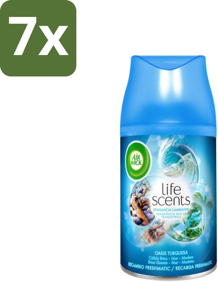 7 x Air Wick - Luchtverfrisser Navulling - Turquoise Oase - Automatische Spray - 250 ml - Luchtverfrisser - Geur - Tropische Geur - Drijfhout - Zeenevel