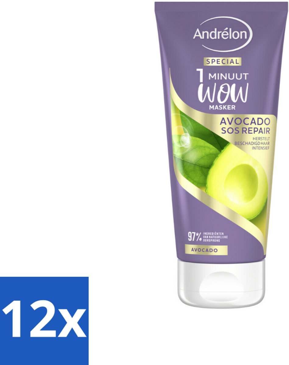 12 x Andrélon 1 Minuut Wow Masker Avocado SOS Repair 180 ml - 1 Minuut Herstel - Beschadigd Haar Herstel - Avocado Haarmasker - Haarmasker 1 Minuut - Haarmasker Voor Beschadigd Haar