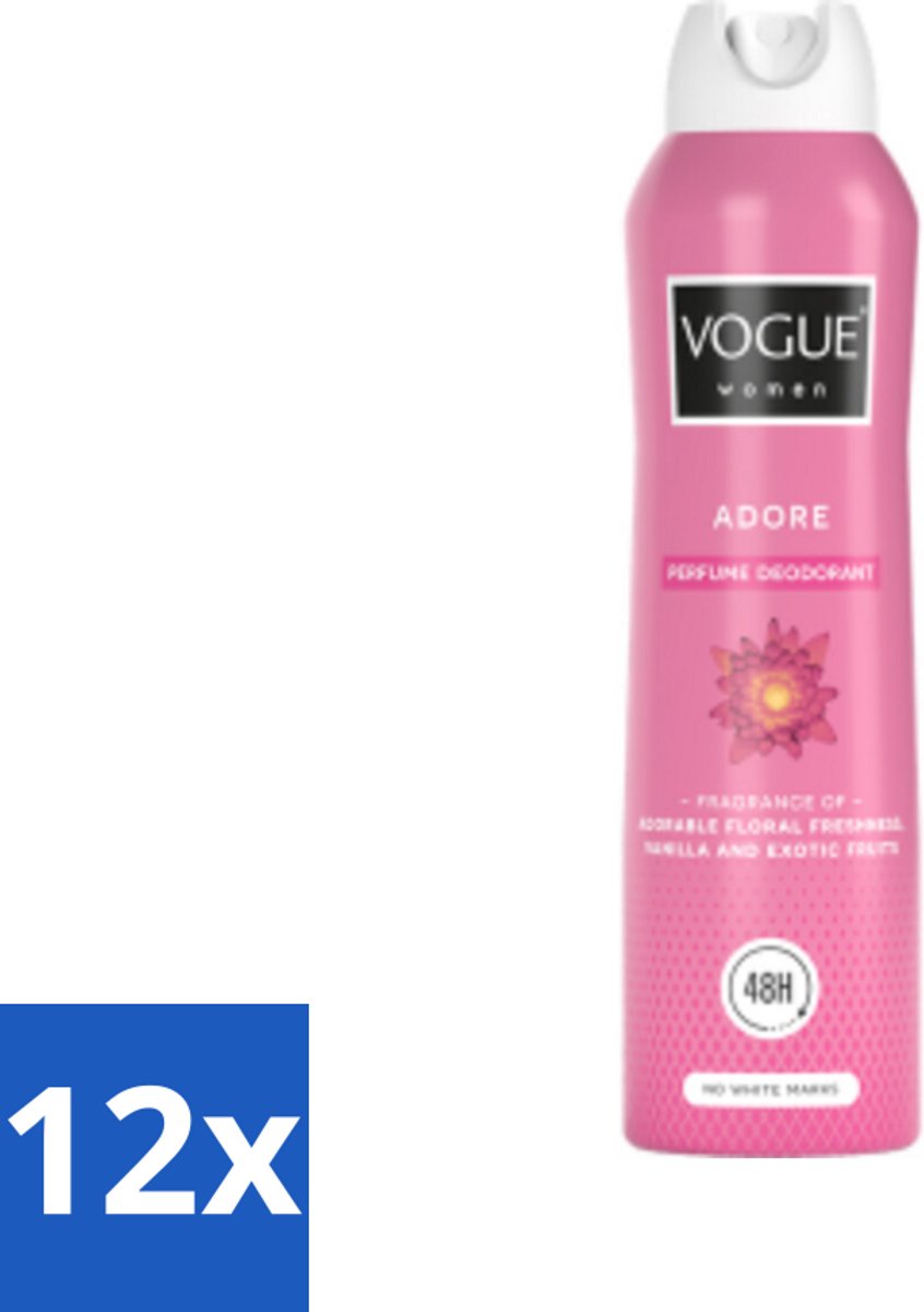 12 x Vogue Adore Parfum Deodorant 150 ml - Parfum Deodorant - 24 Uur Bescherming - Bloemige Geur - Tropisch Fruit - Amber En Vanille