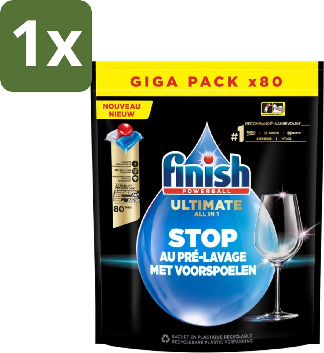 1 x Finish - Powerball - Vaatwasmiddel - Ultieme Alles In 1 - Glansspoelmiddel - 80 Wasbeurten - Vaatwasmiddel - Reiniging - Glans - Vaatwasmiddel Capsule - ACTIVLIFT™