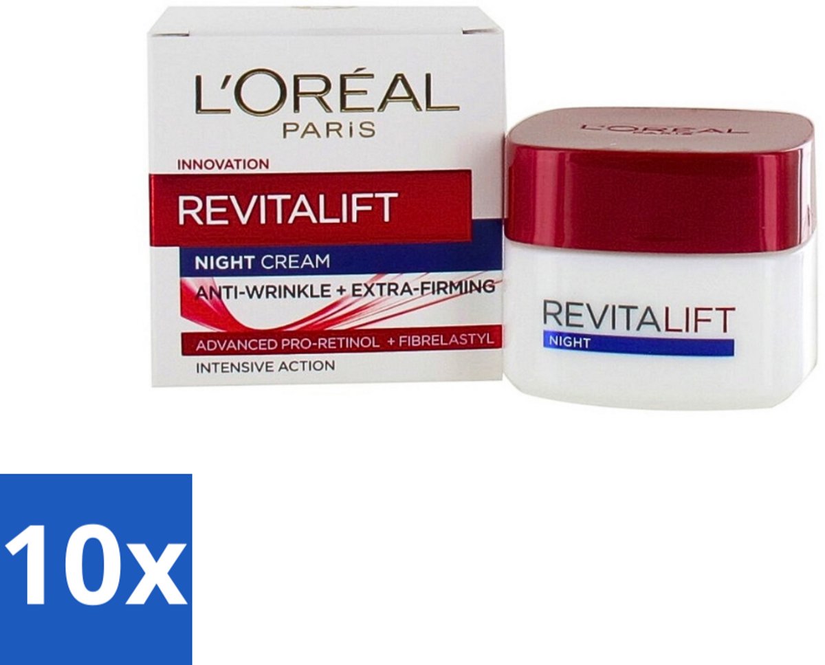 10 x L'Oréal Revitalift - Nachtcrème - Anti-Rimpel - Hydraterend en Verstevigend - 50 ml - Anti-rimpel Crème - Nachtcrème - Anti-aging Crème - Hydraterende Crème - Huidversteviging