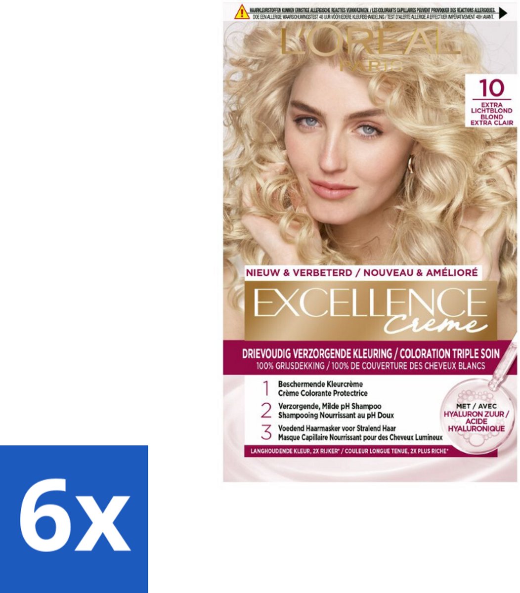 6 x L'Oréal Excellence Crème Permanente Crèmekleuring 10 Extra Lichtblond - Haarverf - Grijsdekking - Permanente Haarkleuring - Haarverf Crème - Haarverf Extra Lichtblond