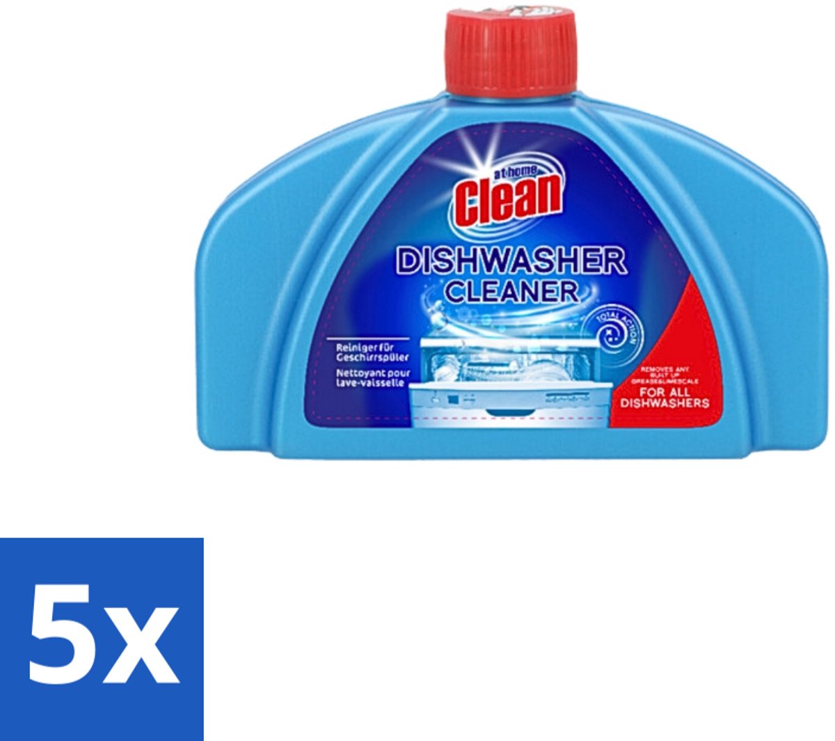 5 x At Home - Clean - Vaatwas Machinereiniger - Verwijdert Hardnekkig Vuil - 250 ml - Vaatwasmachine Reiniger - Vaatwasmachine Reinigingsmiddel - Vaatwasmachine Reinigen - Vaatwasmachine Kalk Verwijderen - Vaatwasmachine Vet Verwijderen