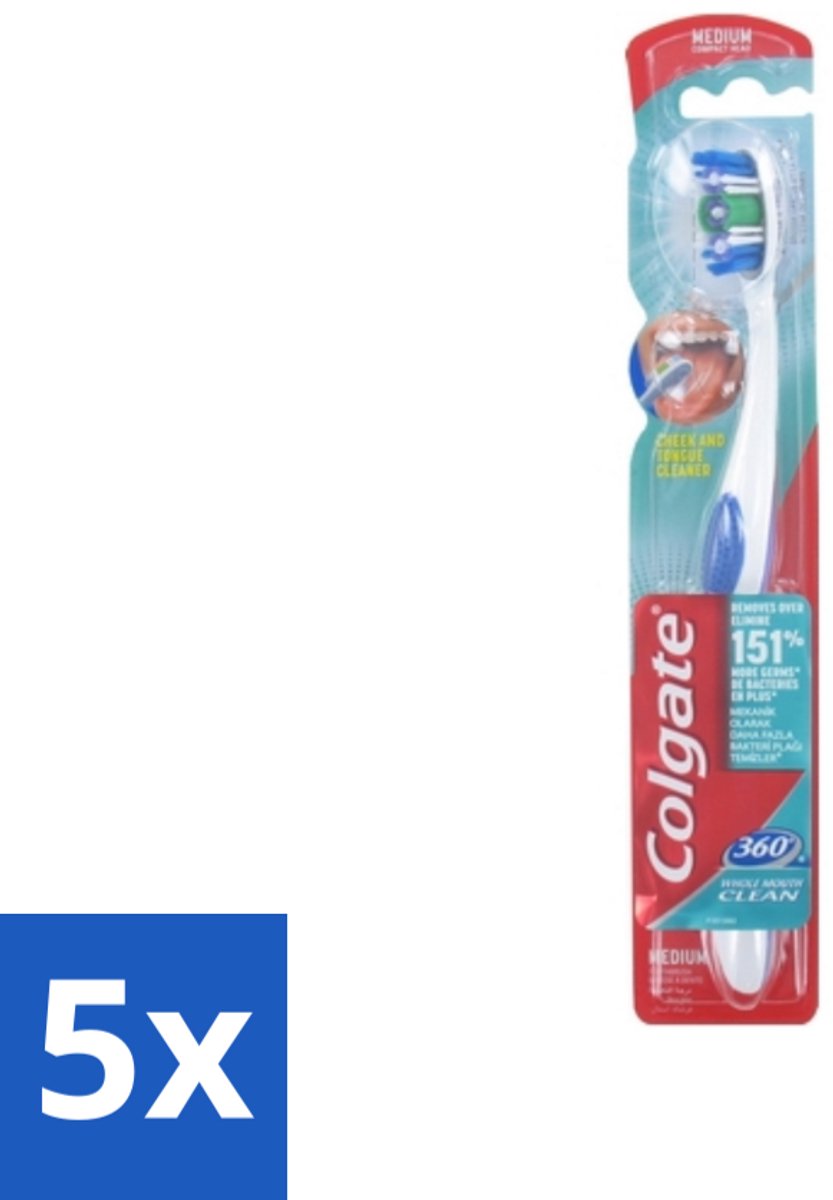 5 x Colgate - Tandenborstel - 360 Whole Mouth Clean Medium - Wit/Blauw - 1 Tandenborstel - Tandenborstel - Mondhygiëne - Tandenpoetsen - Bacteriën - Tandplak
