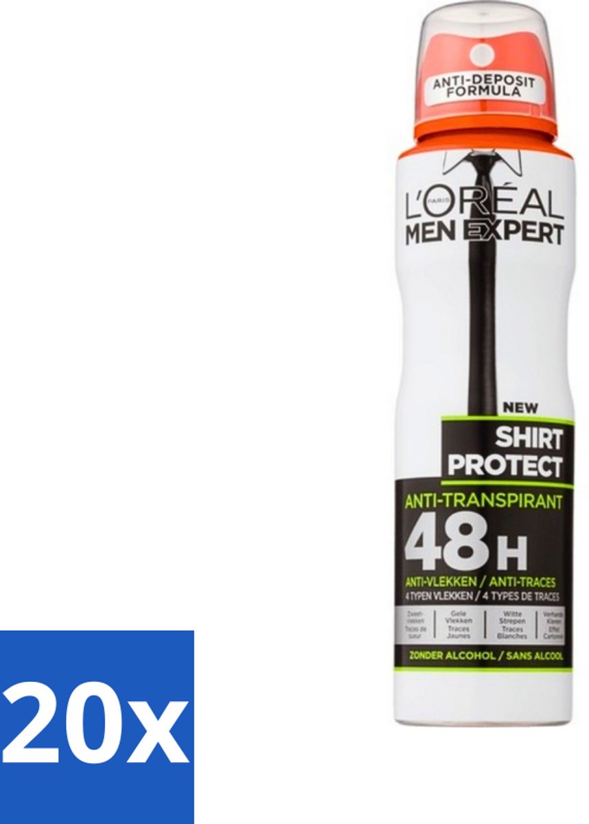 20 x L'Oréal Men Expert Shirt Protect - Deodorant - 150 ml - Deodorant Spray - Deodorant Spray - Anti-zweet - Anti-gele Vlek - Anti-witte Strepen - Kledingbescherming