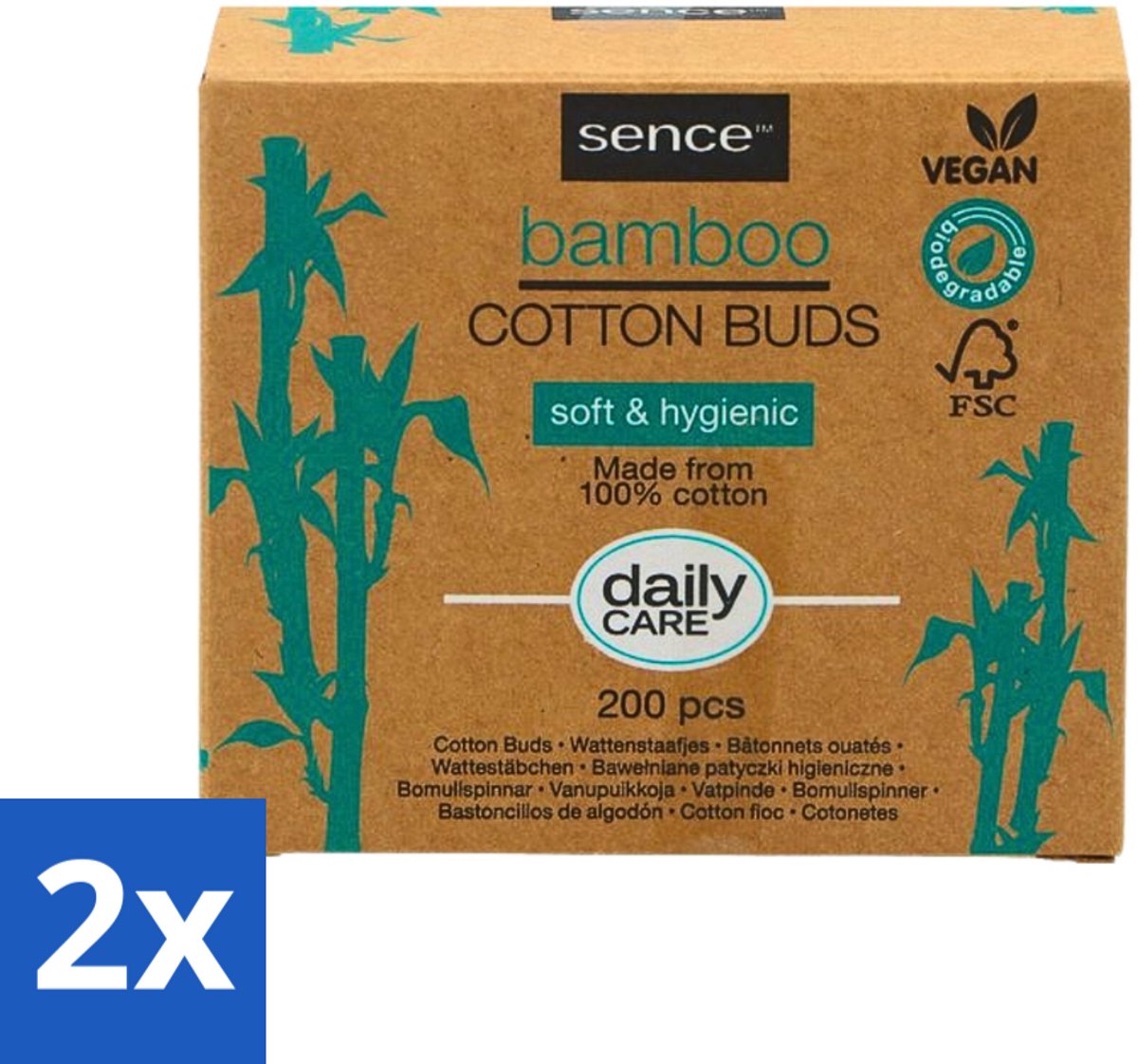 2 x Sence - Bamboe - Wattenstaafjes - Afbreekbaar & Vegan - 200 Wattenstaafjes - Bamboe Wattenstaafjes - Vegan Wattenstaafjes - Biologisch Afbreekbaar - Katoen Wattenstaafjes - Duurzame Verzorging