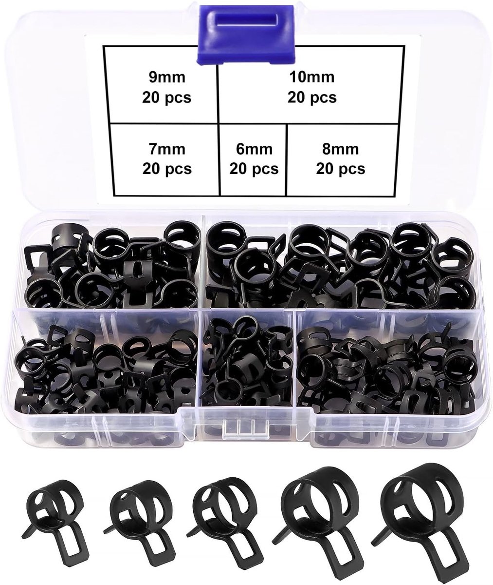 Set van 100 Stuks Slangklemmen voor Brandstof- en Waterleidingen - Diverse Maten voor Flexibele Slangen en Vacuümsystemen, Zwart