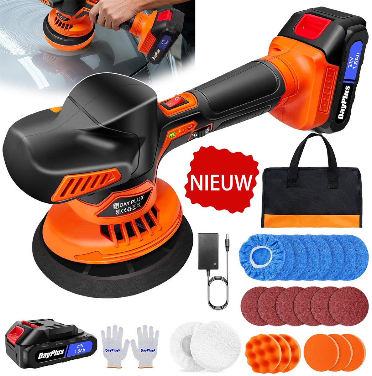 Accu-Polijstmachine – 6 Inch Autopolijstmachine met 2 Lithium-Batterijen en 27 Hulpstukken Voor Autodetailing/Polijsten/in de Was Zetten