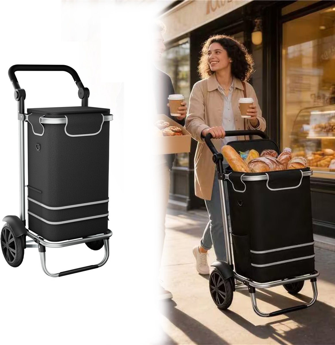 AUFUN Opvouwbare Boodschappentrolley Van Aluminiumlegering - Zwart - Draagvermogen Van 30 Kg - Inhoud Van 56 Liter - Eén Wiel