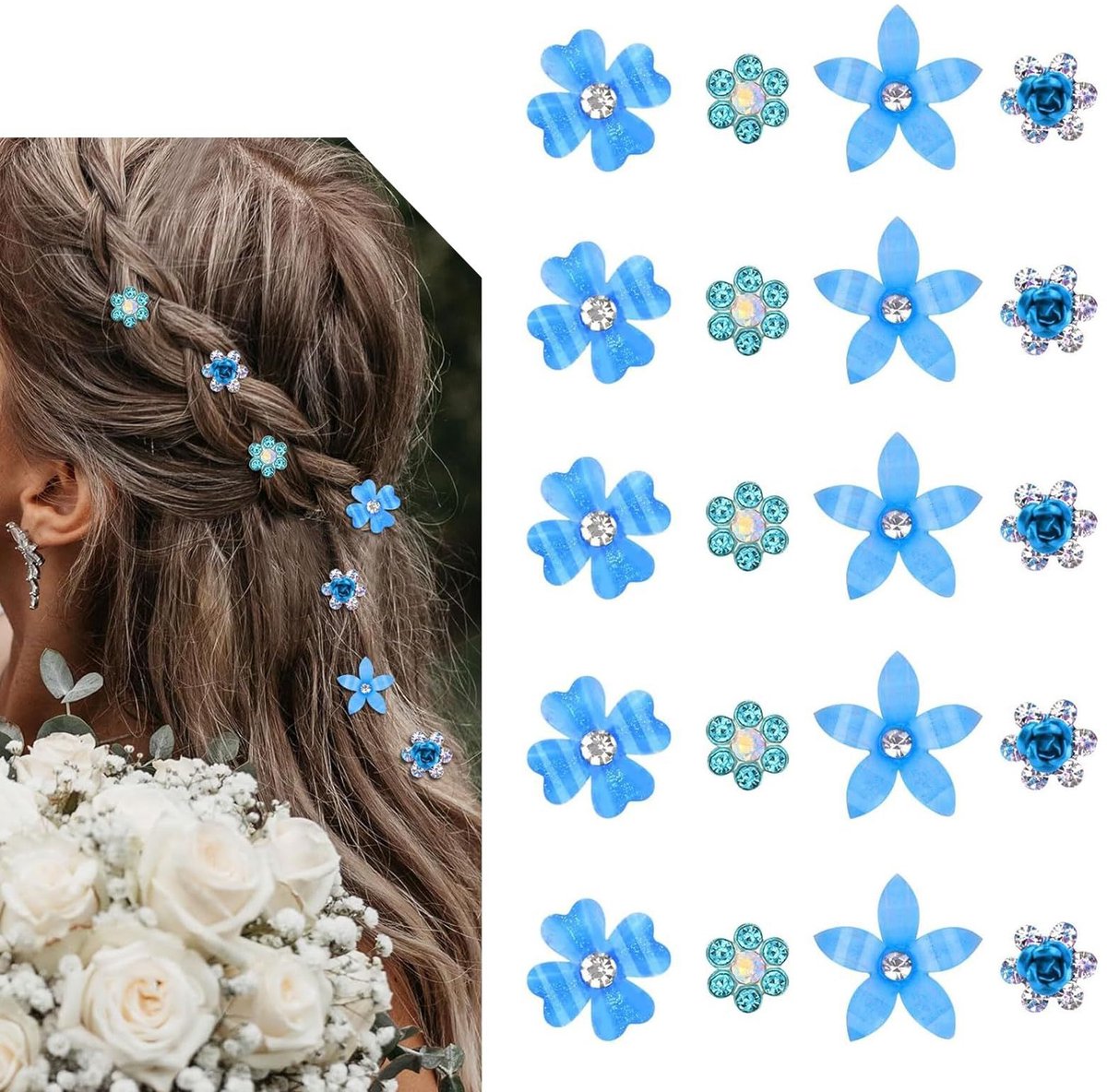Gevlochten haarclip - Haarclips - 20 Stuks Haarspelden met Kristal-Strassteentjes - Antislip Mini Haaraccessoires voor Dames en Meisjes - Dagelijks Gebruik - Fashionable Bloemhaarclip - Blauw