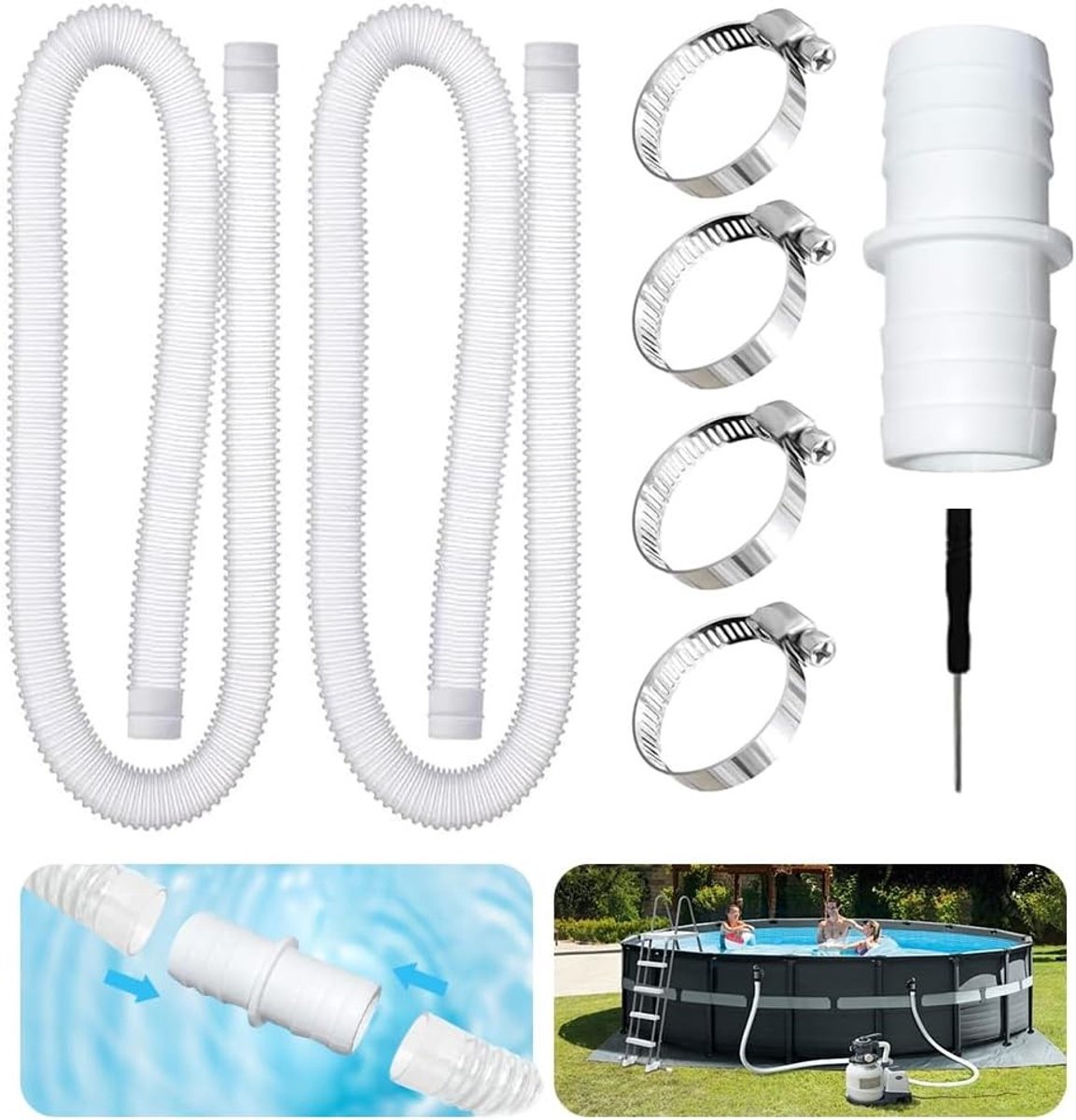 Filterslang voor zwembad, 2 stuks 32 mm slangen, met 4 veiligheidsclips voor bovengrondse filterpomp, ideaal voor watercirculatie en onderhoud