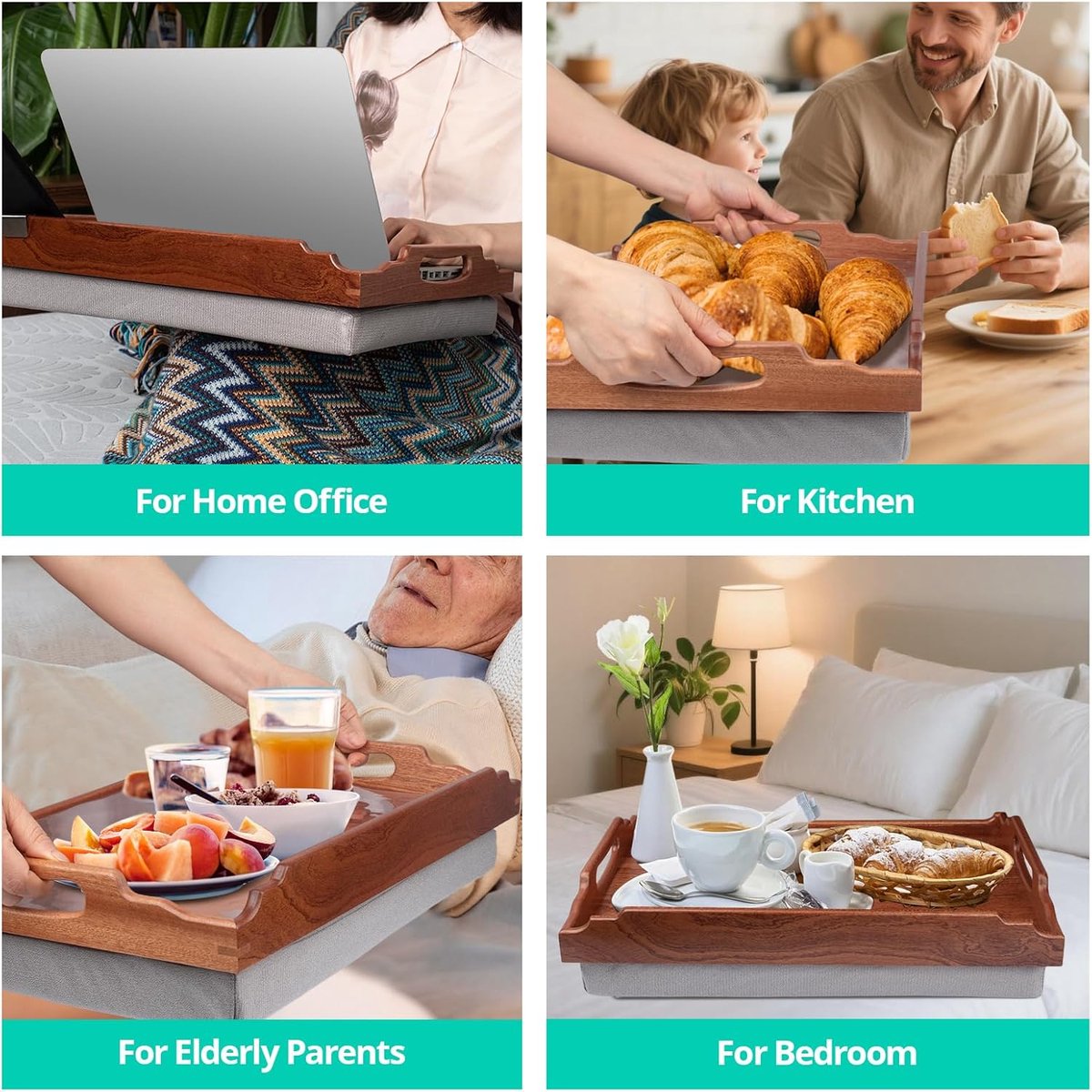 Houten Bedtafel - Laptoptablet Houder - Ontbijten in Bed - Afneembaar Kussen - 43 x 33 cm - Houtkleur — cadeau in Cadeau-ideeën - foto 3