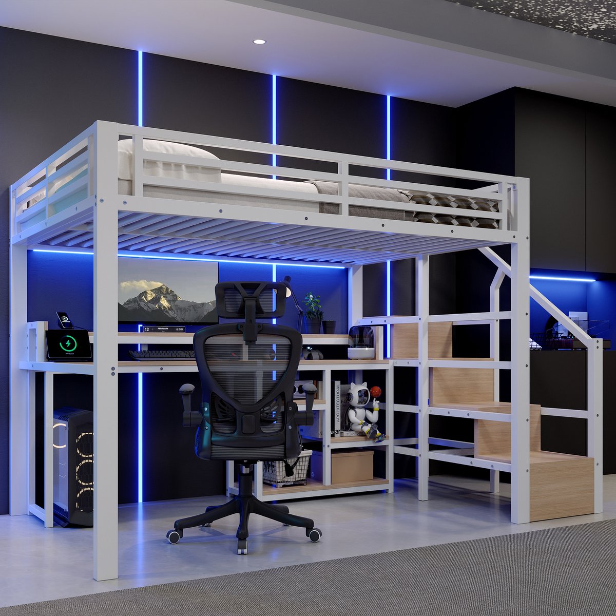 Kinderbed, Hoogbed, 140 x 200 cm, metalen bedframe, ladekast, opbergvak, USB + Type-C, LED-lichtstrip, zonder matras, wit