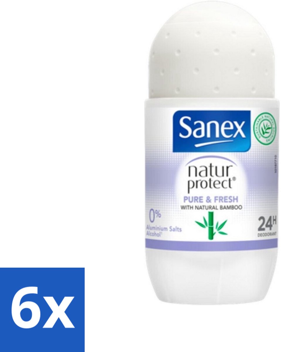 6 x Sanex Natur Protect - Deodorant Roller - Puur & Fris - Met Nattuurlijke Bamboo - 50 ml - Sanex Deodorant - Natuurlijke Deodorant - Bamboe Deodorant - Aluminiumvrije Deodorant - Alcoholvrije Deodorant