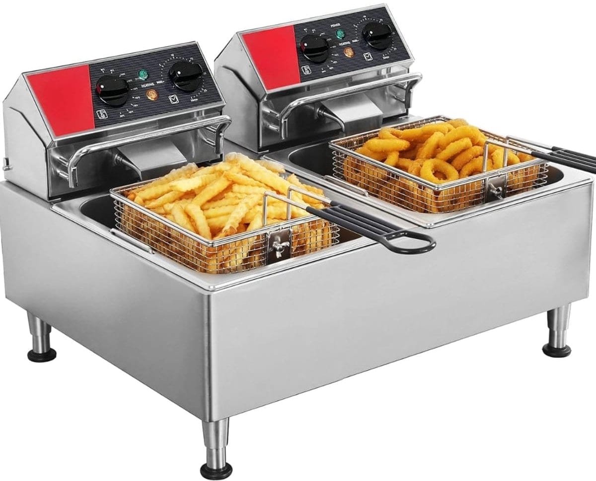 Klarven® Frituurpan Dubbel Zilver - 6000 W snel opwarmend - 12 liter, 2 aparte frituurzones - B 58 x D 38 x H 44 cm