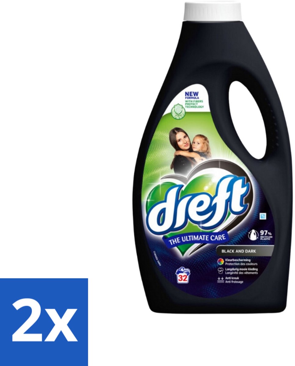 2 x Dreft Vloeibaar Wasmiddel Zwart & Donker 32 Wasbeurten 1,4 liter - Wasmiddel - Donkere Kleding - Kleurbescherming - Wasverzachter - Vlekkenverwijderaar