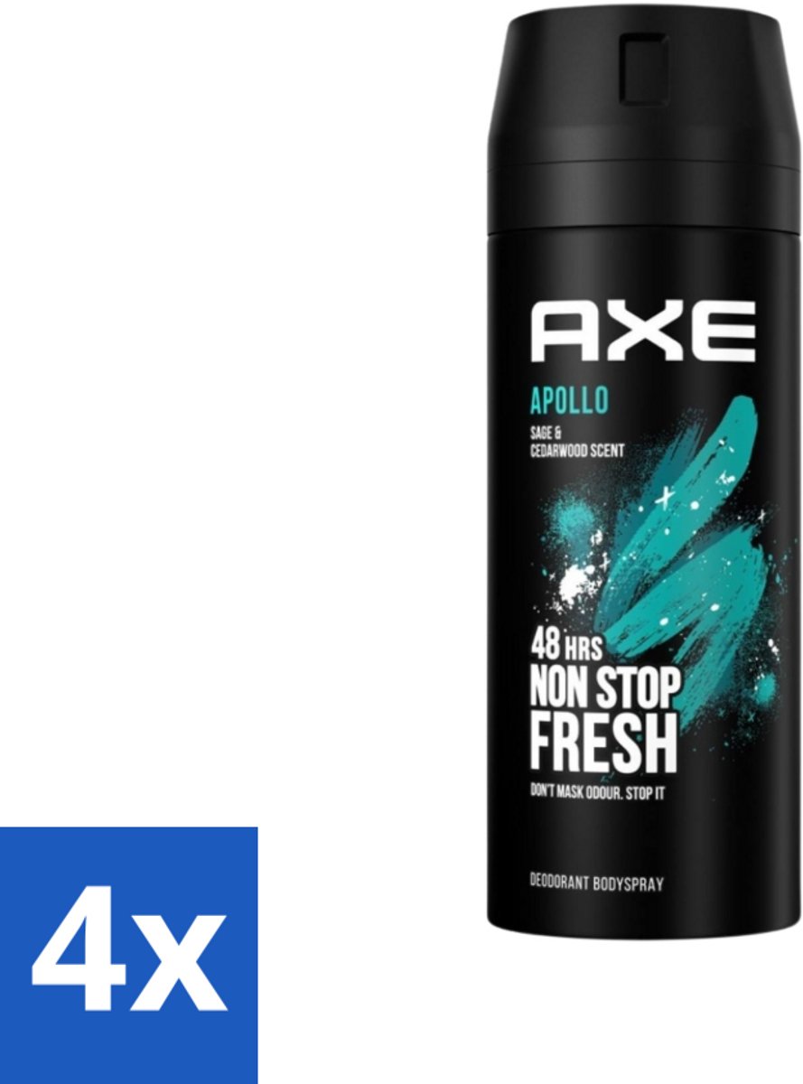 4 x Axe - Deodorant Bodyspray - 48hrs Fresh - Apollo - Sage & Cedarwoord - 150 ml - Deodorant - Axe Apollo - 48 Uur Bescherming - Frisheid - Geur