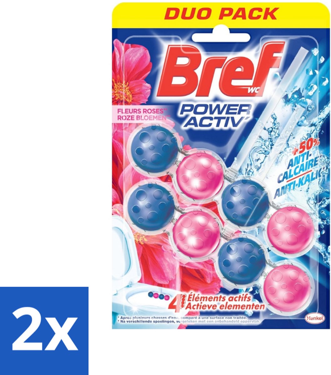 2 x Bref WC - Power Activ+ - Toiletblok - Verse Bloemen - 2 Blokken - Toiletblok - Toilet Reiniger - Frisse Geur - Bloemen Geur - Anti-kalk