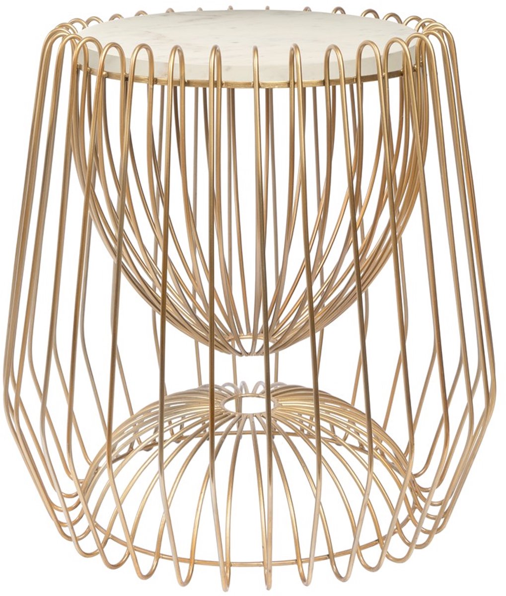 Padiro ronde bijzettafel Ø 50 x 51 cm - wit en messing - Modern Art-Déco Glamour Look - met marmerenpatroon - ijzeren onderstel