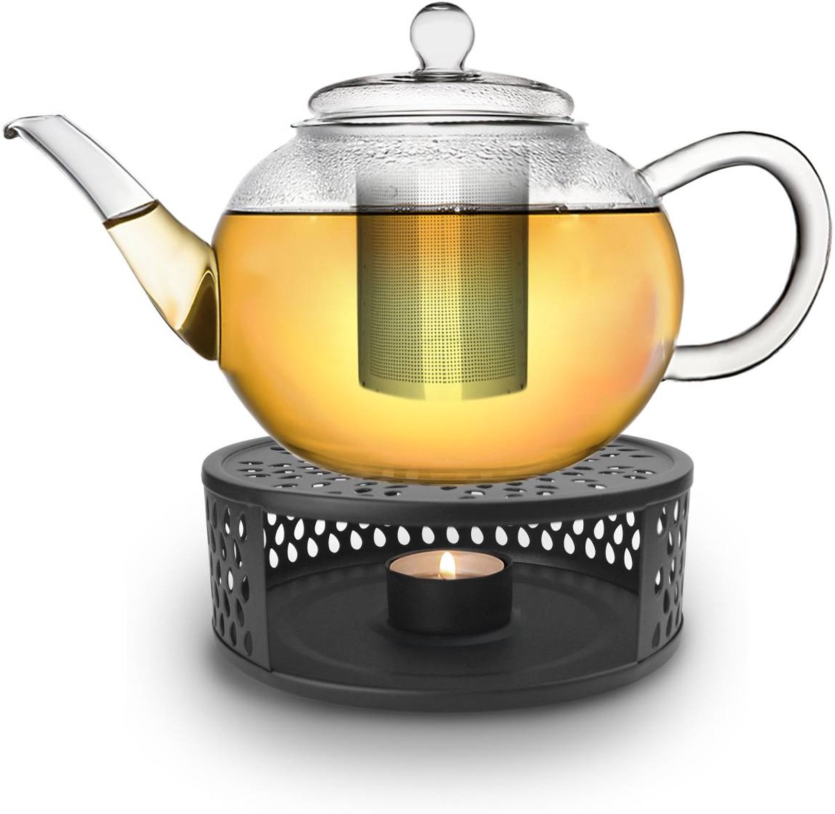 Creano glazen theepot 1,2l met roestvrijstalen theezeef en zwart theelicht "Leaf"