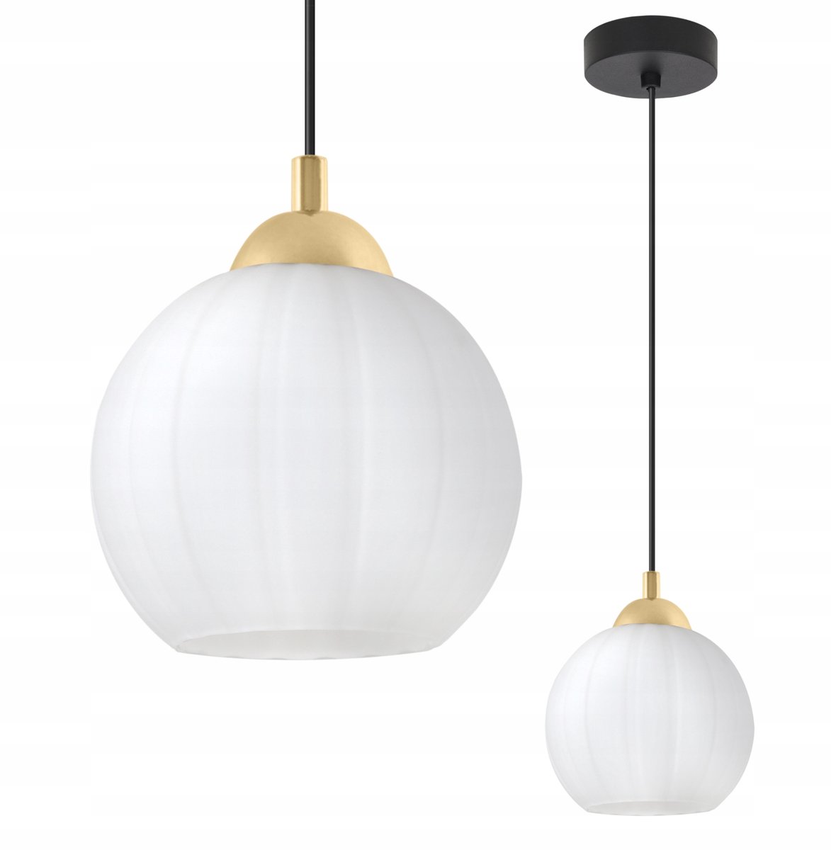 Moderne hanglamp met geribbelde witte glazen kap - zwart/goud