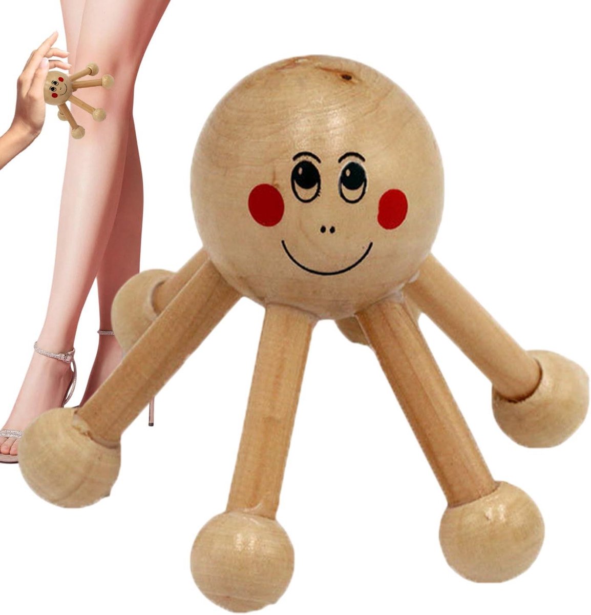 Hoofdhuidmassageapparaat Hout - Hoofdmassage Tool - Ontspanning Hoofdhuid - Zes Benen Ontwerp - 9.9 x 9.4 x 9.1 cm - Houtkleur