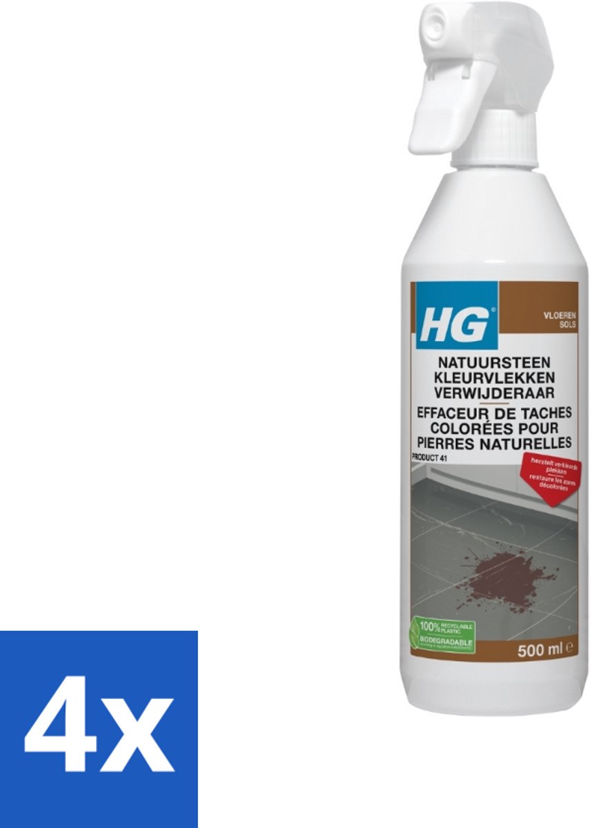 4 x HG Natuursteen Vlekken Verwijderaar 500 ml - Natuursteen Reiniger - Vlekkenverwijderaar Natuursteen - Marmeren Vloeren Schoonmaken - Vlekken Verwijderen Natuursteen - Natuursteen Onderhoud