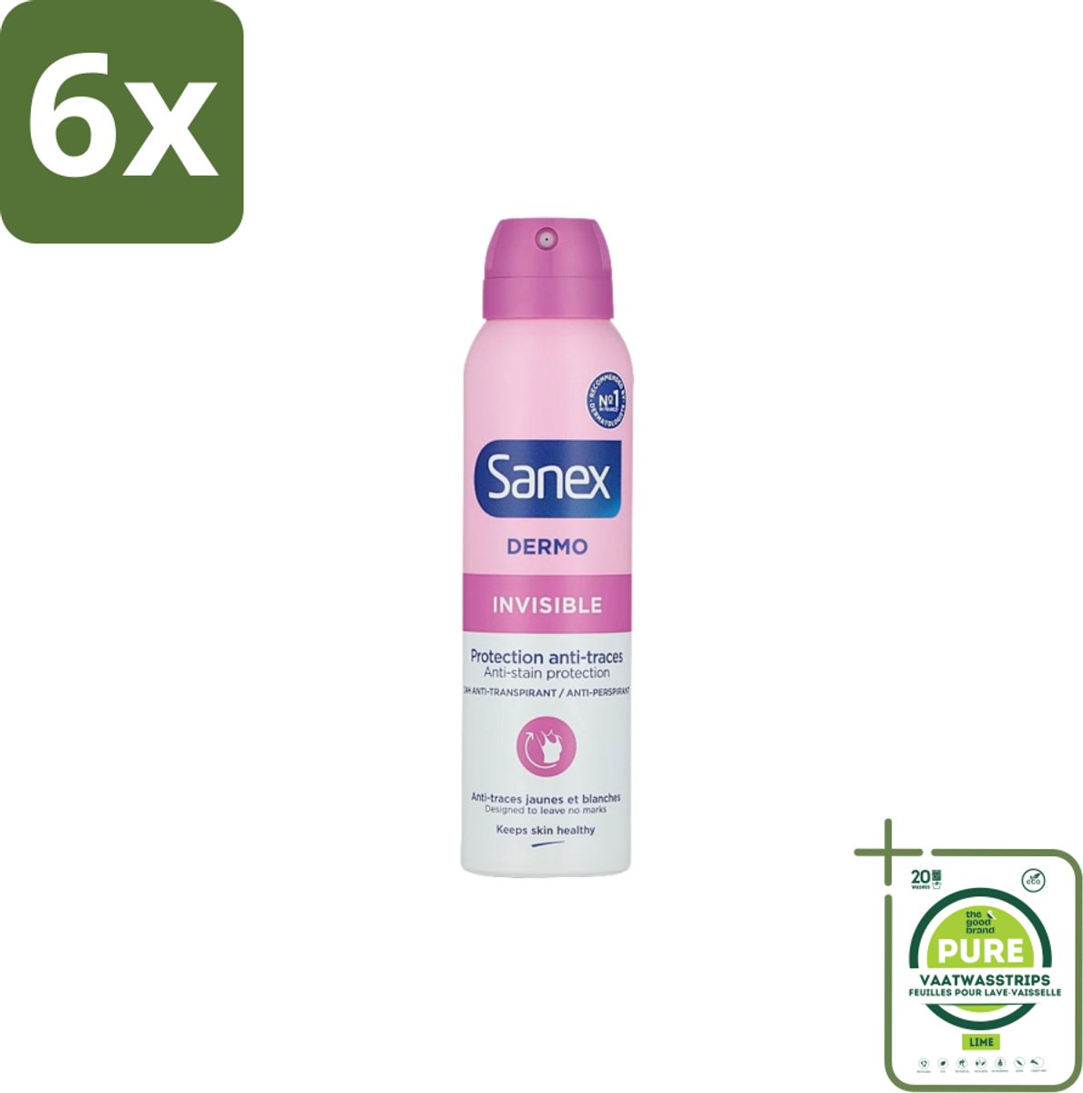 Sanex – Deodorant Spray – Dermo Invisible – 150 ml - Voordeelverpakking - 6 stuks - Onzezichtbare deodorant - Deodorant spray