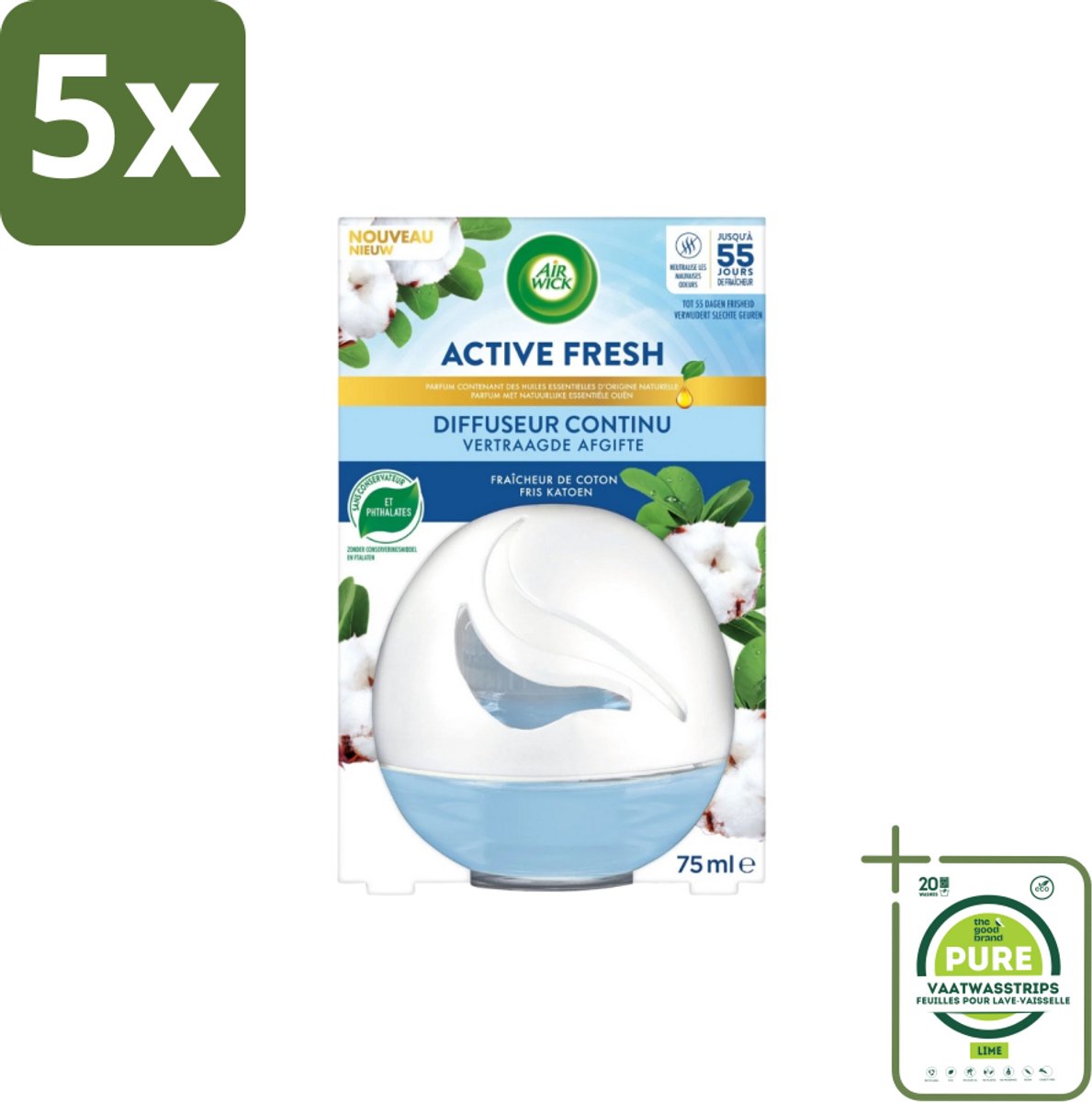 5 x Air Wick – Luchtverfrisser – Deco Sphere Katoen – 75 ml - Grootverpakking - Luchtverfrisser - Katoen Geur - Frisse Geur - Geur Neutraliseren - Geur In Badkamer