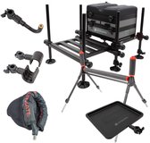 Compleet Ultimate viskist set met zitje, visplateau, steunen en accessoires in het zwart.