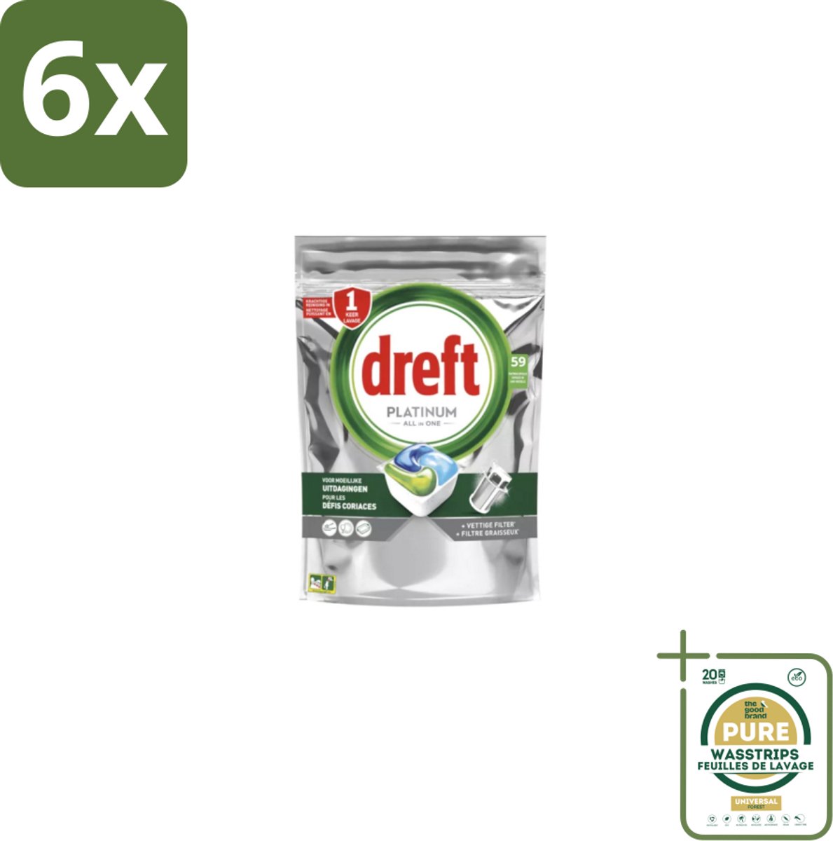 Dreft – Vaatwastabletten – Platinum All-in-One Original – 59 Tabletten - Voordeelverpakking - 6 stuks - Reiniging - Ontvetting