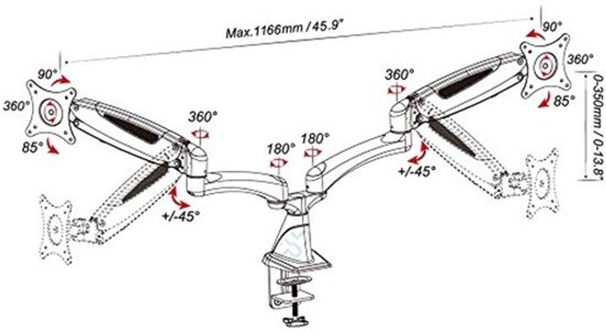 Monitor Houder Tafelsteun voor 2 Schermen 15-27 Inch - Volledig Beweegbaar en Hoogte Verstelbaar