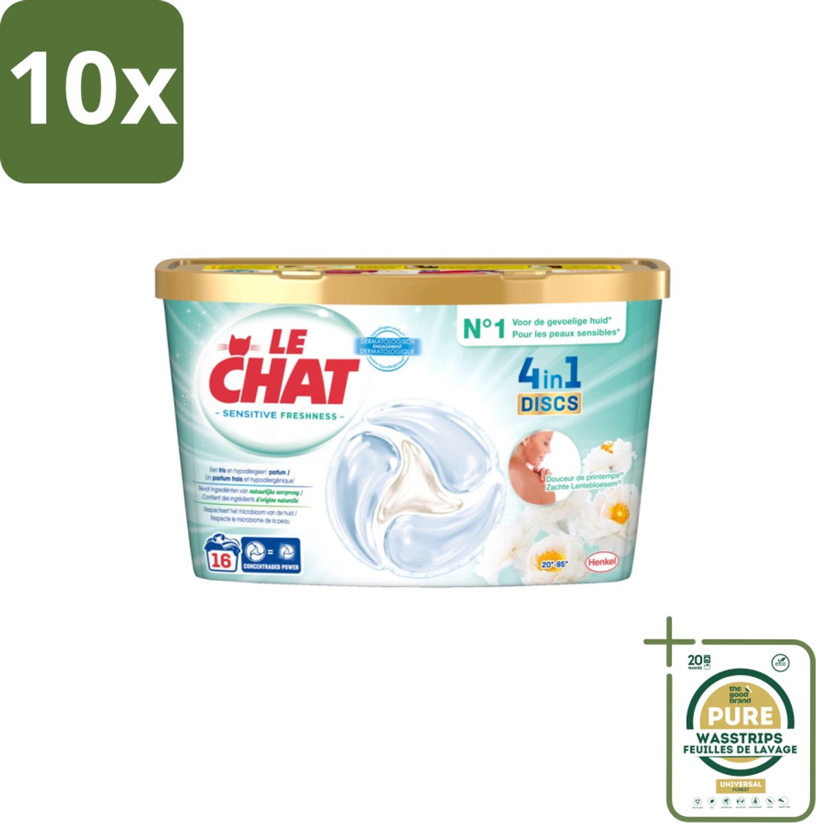 10 x Le Chat – Wascapsules – Sensitive Zachte Lentebloesem – 16 wasbeurten - Grootverpakking - Wascapsules - Gevoelige Huid - Hypoallergenisch - Zachte Geur - Sinaasappelbloesem