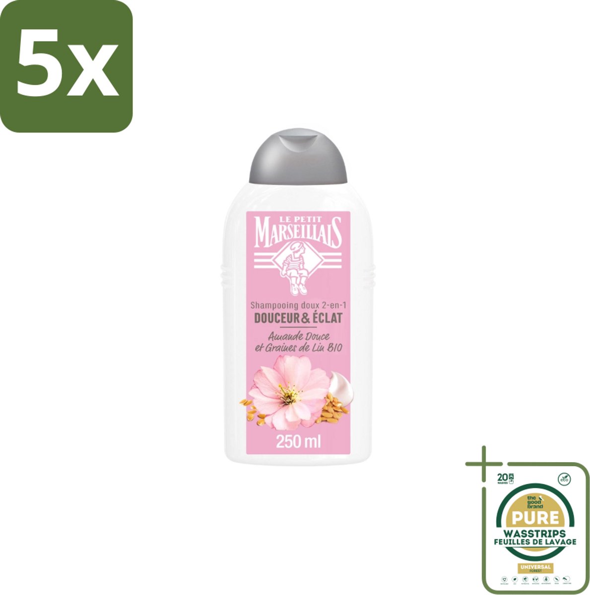 5 x Le Petit Marseillais – Shampoo – Amande Douce & Graines de Lin Bio – 250 ml - Grootverpakking - Shampoo Amande Douce - Shampoo Linzaad - Shampoo Bio - Shampoo Voor Fijn Haar - Shampoo Voor Normaal Haar