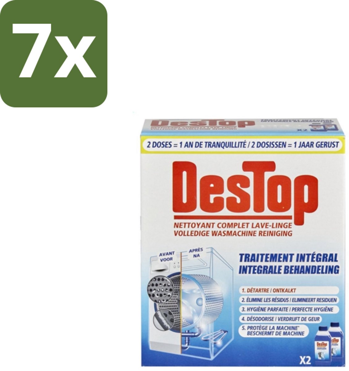 7 x Destop - Wasmachine reiniger - Integrale Behandeling - Duopack - Wasmachine Reiniger - Kalkverwijdering - Wasmachine Reinigen - Wasmachine Hygiëne - Wasmachine Onderhoud