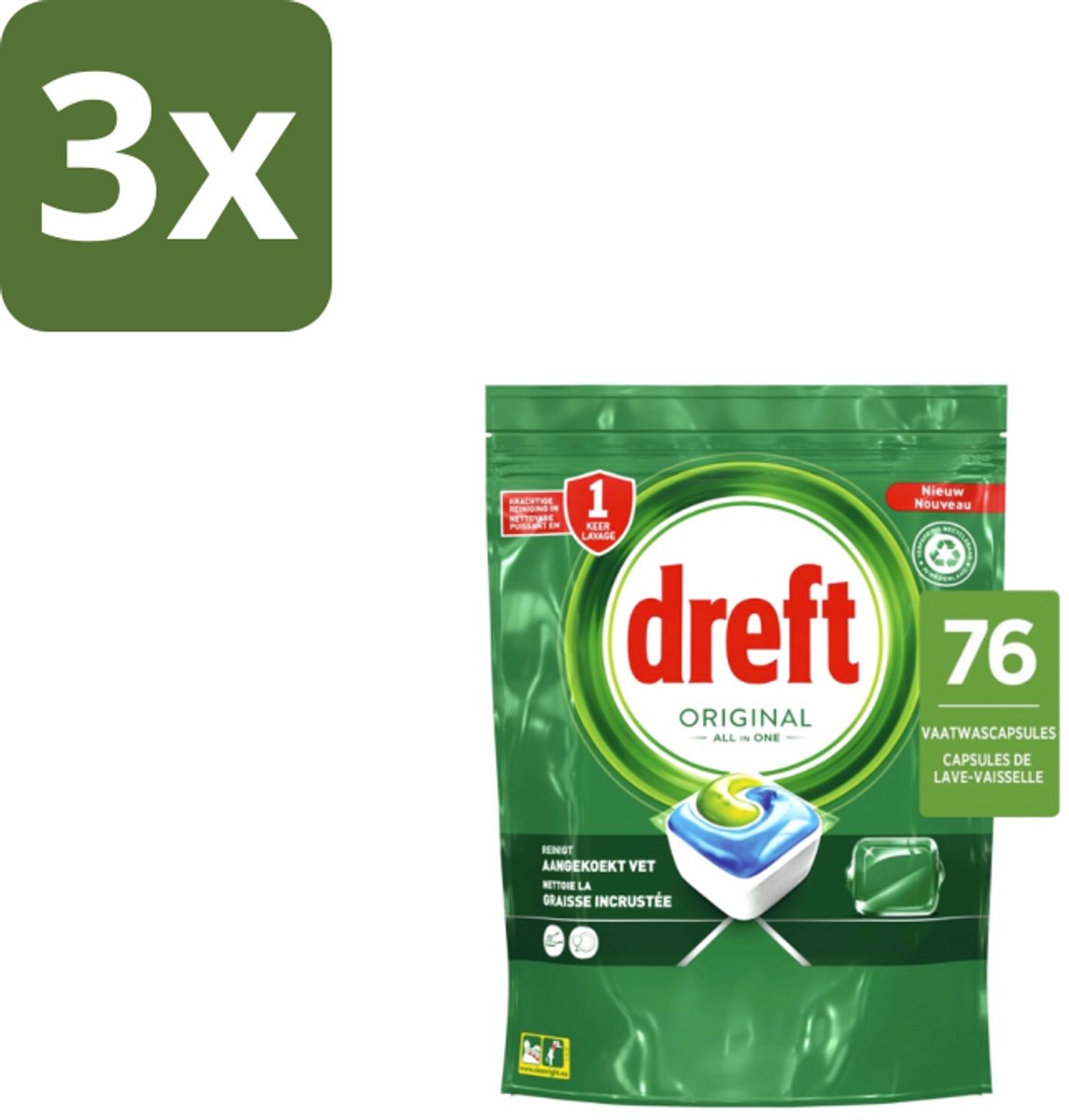 3 x Dreft – Vaatwascapsules – Original All-in-One – 76 Capsules - Vaatwassen - Vaatwascapsules - Reinigingscapsule - Vaatwasser - Vetoplossing